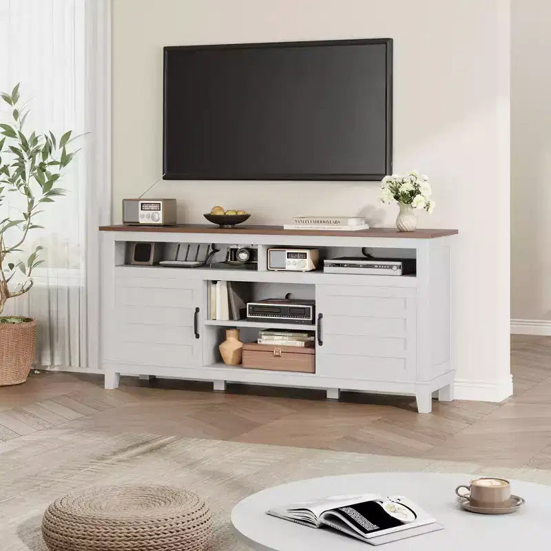 Farmhouse TV Stand with Cabinet, for TVs Up to 63, Freestanding TV Entertainment Center with Open Shelves, for Living Room & Bedroom