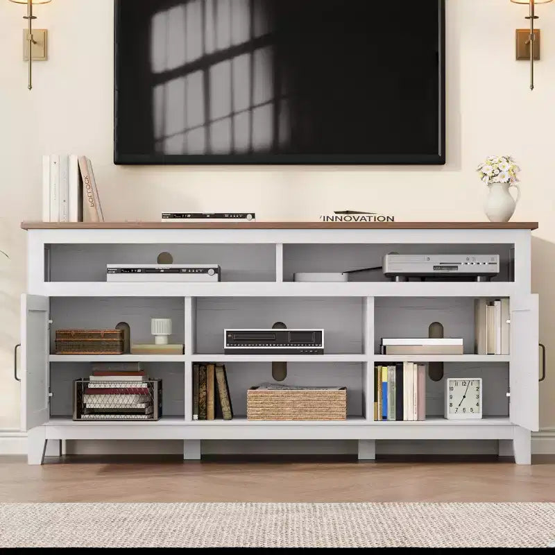 Farmhouse TV Stand with Cabinet, for TVs Up to 63, Freestanding TV Entertainment Center with Open Shelves, for Living Room & Bedroom