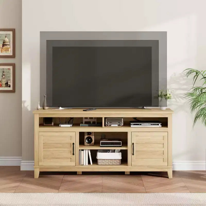 Farmhouse TV Stand with Cabinet, for TVs Up to 63, Freestanding TV Entertainment Center with Open Shelves, for Living Room & Bedroom