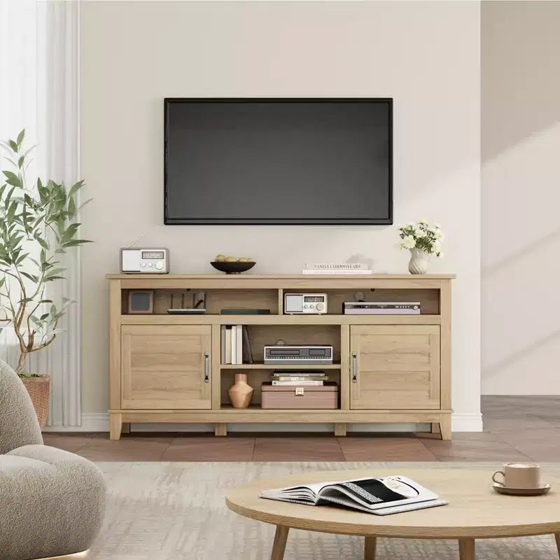 Farmhouse TV Stand with Cabinet, for TVs Up to 63, Freestanding TV Entertainment Center with Open Shelves, for Living Room & Bedroom
