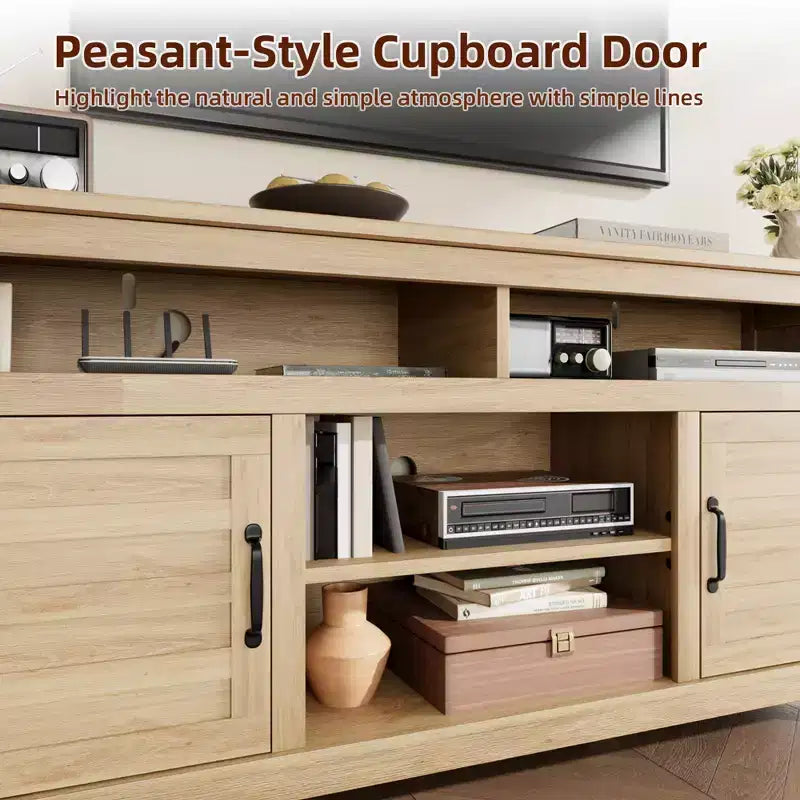 Farmhouse TV Stand with Cabinet, for TVs Up to 63, Freestanding TV Entertainment Center with Open Shelves, for Living Room & Bedroom