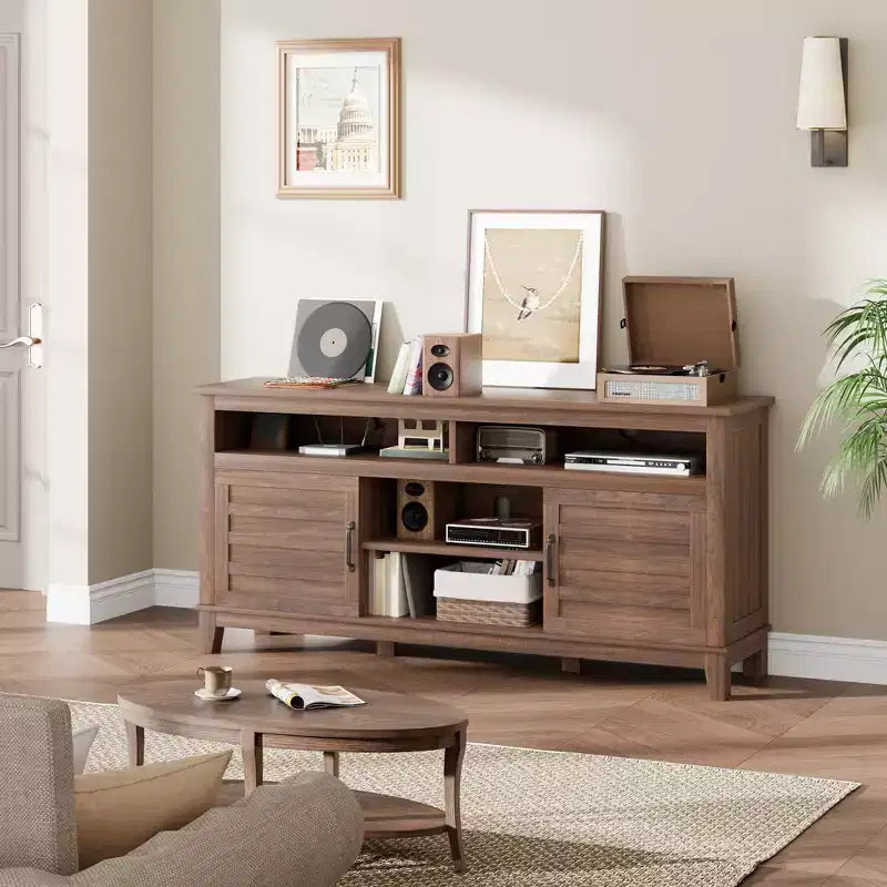 Farmhouse TV Stand with Cabinet, for TVs Up to 63, Freestanding TV Entertainment Center with Open Shelves, for Living Room & Bedroom