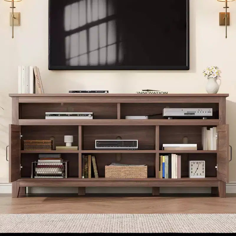Meuble TV de ferme avec armoire, pour téléviseurs jusqu'à 63 pouces, meuble de divertissement TV autoportant avec étagères ouvertes, pour salon et chambre