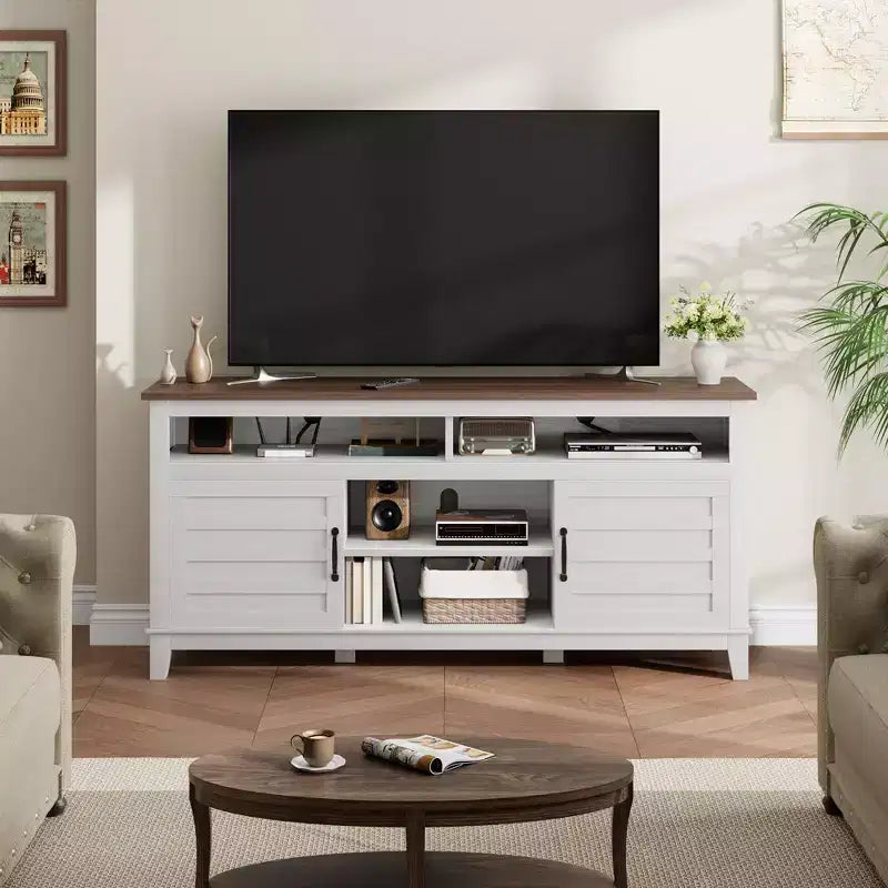 Meuble TV de ferme avec armoire, pour téléviseurs jusqu'à 63 pouces, meuble de divertissement TV autoportant avec étagères ouvertes, pour salon et chambre