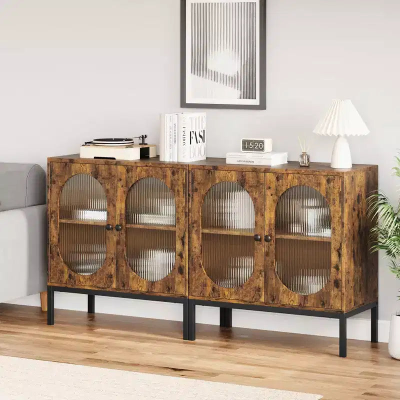 Set of 2 Sideboards with Fluted Glass Doors, ,Wooden Accent Cabinet with 2 Ribbed Glass Doors, for Entryway, Living Room & Dining Room