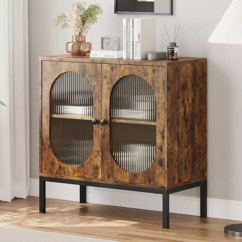 Set of 2 Sideboards with Fluted Glass Doors, ,Wooden Accent Cabinet with 2 Ribbed Glass Doors, for Entryway, Living Room & Dining Room