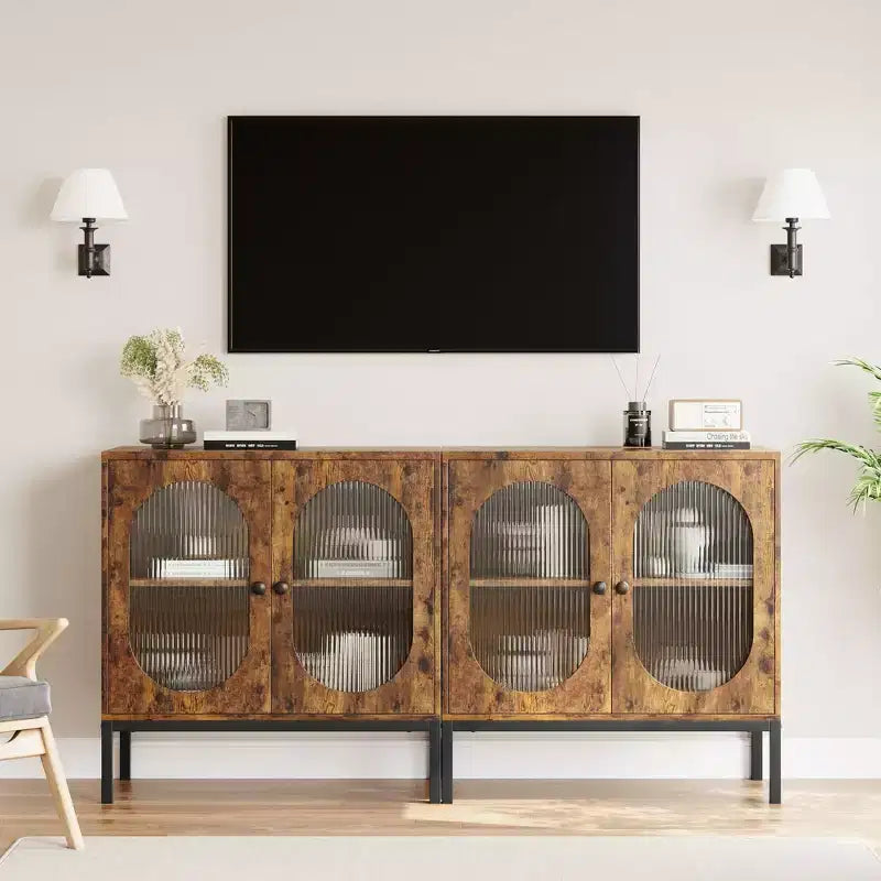 Set of 2 Sideboards with Fluted Glass Doors, ,Wooden Accent Cabinet with 2 Ribbed Glass Doors, for Entryway, Living Room & Dining Room