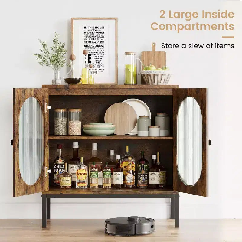 Set of 2 Sideboards with Fluted Glass Doors, ,Wooden Accent Cabinet with 2 Ribbed Glass Doors, for Entryway, Living Room & Dining Room