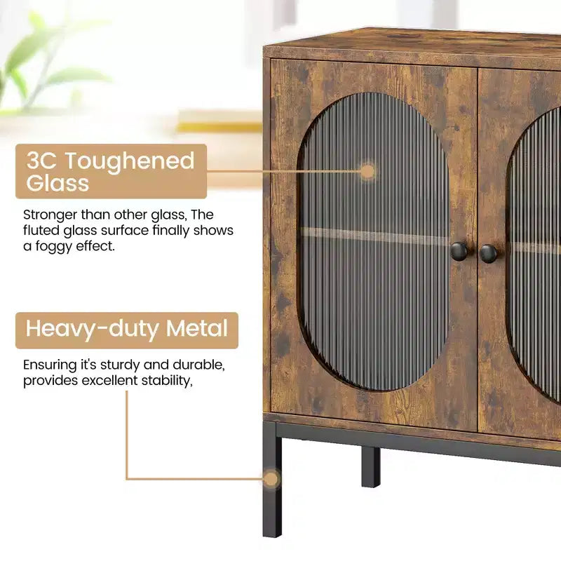 Set of 2 Sideboards with Fluted Glass Doors, ,Wooden Accent Cabinet with 2 Ribbed Glass Doors, for Entryway, Living Room & Dining Room