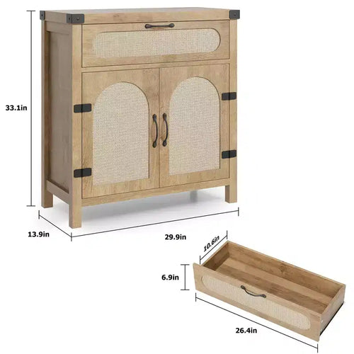 Lot de 2 buffets, bahut avec rangement - Portes et tiroirs en rotin, étagère réglable pour salon, salle à manger, couleur naturelle