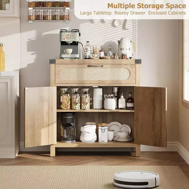 2 pack Buffet Cabinet, Sideboard with Storage - Rattan Accent Doors & Drawer, Adjustable Shelf for Living Room, Dining Room, Natural