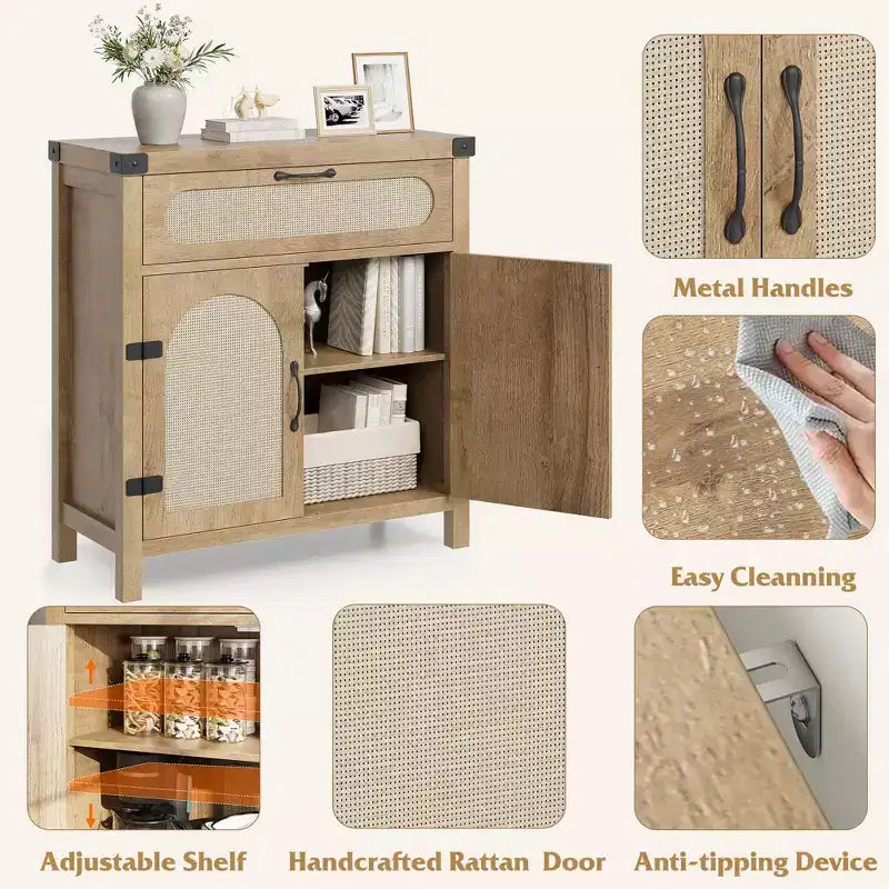 2 pack Buffet Cabinet, Sideboard with Storage - Rattan Accent Doors & Drawer, Adjustable Shelf for Living Room, Dining Room, Natural