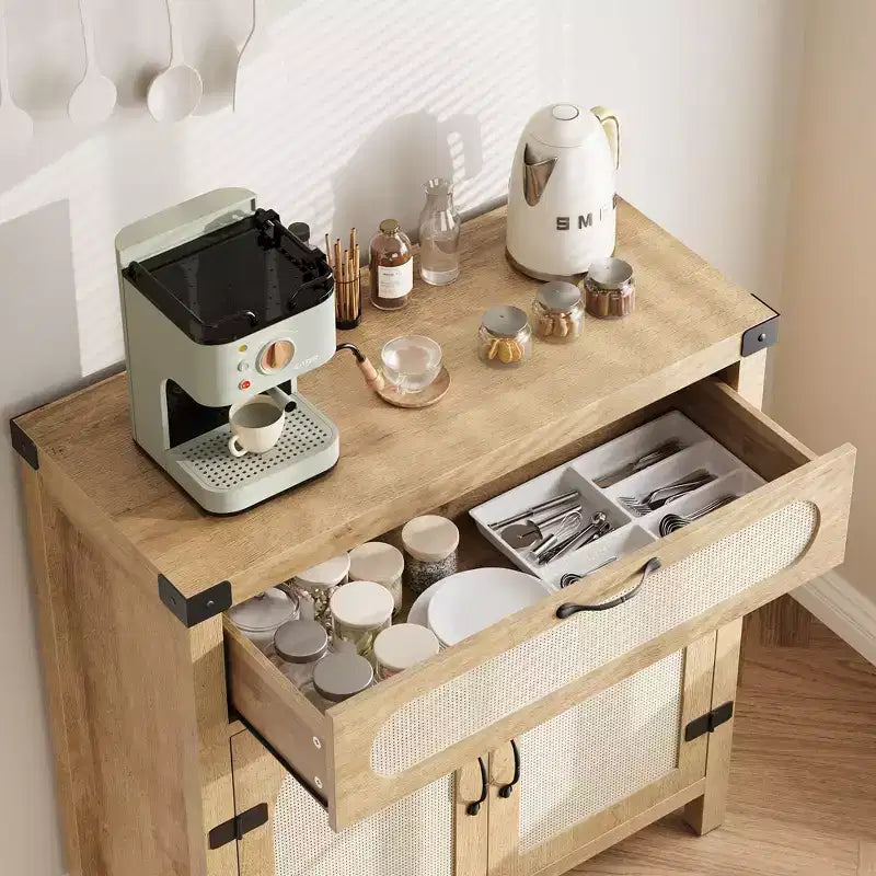 2 pack Buffet Cabinet, Sideboard with Storage - Rattan Accent Doors & Drawer, Adjustable Shelf for Living Room, Dining Room, Natural