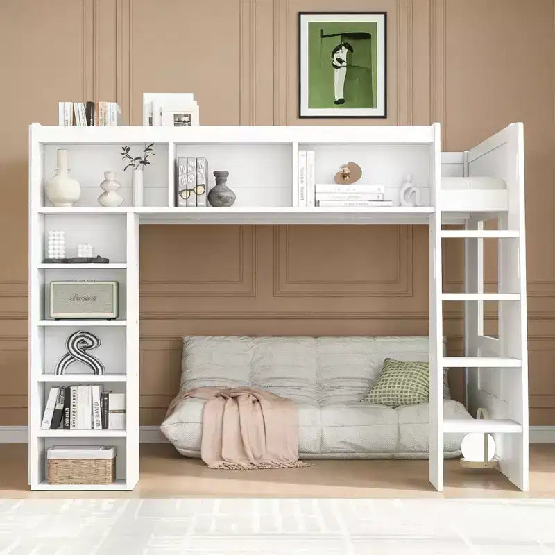 Luxystar Queen Wood Loft Bed with 8 Storage Shelves for Apartment
