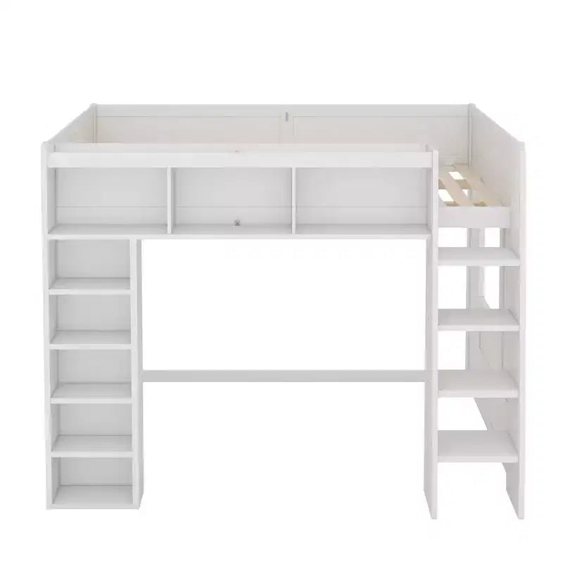 Luxystar Queen Wood Loft Bed with 8 Storage Shelves for Apartment