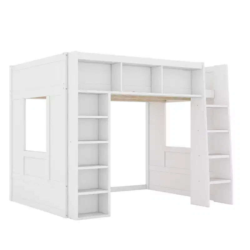 Luxystar Queen Wood Loft Bed with 8 Storage Shelves for Apartment
