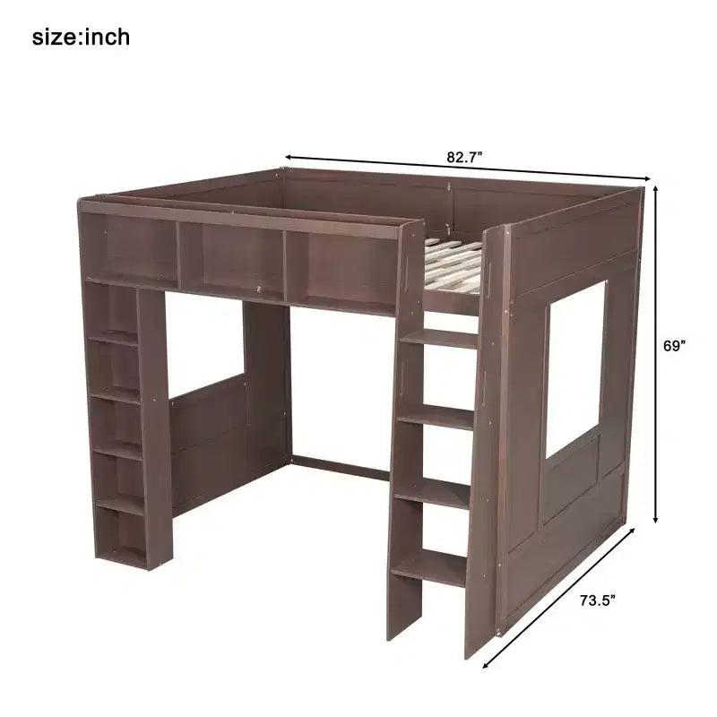 Luxystar Queen Wood Loft Bed with 8 Storage Shelves for Apartment