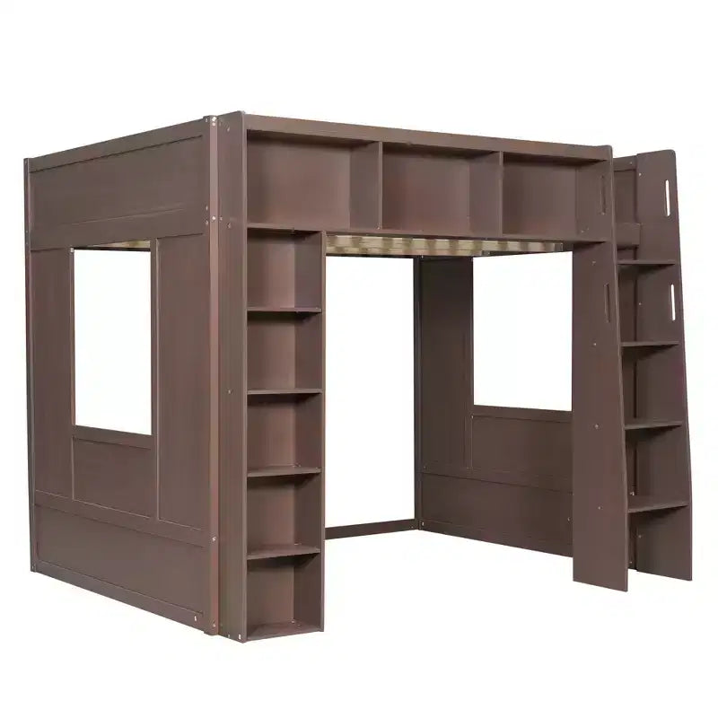 Luxystar Queen Wood Loft Bed with 8 Storage Shelves for Apartment