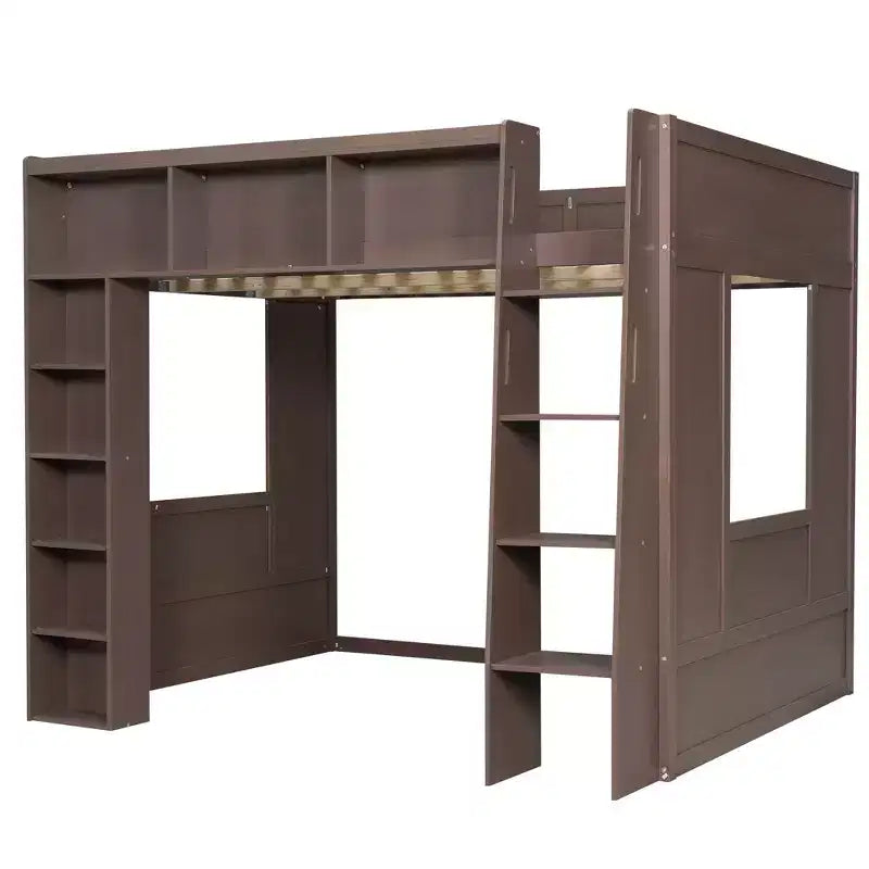 Luxystar Queen Wood Loft Bed with 8 Storage Shelves for Apartment