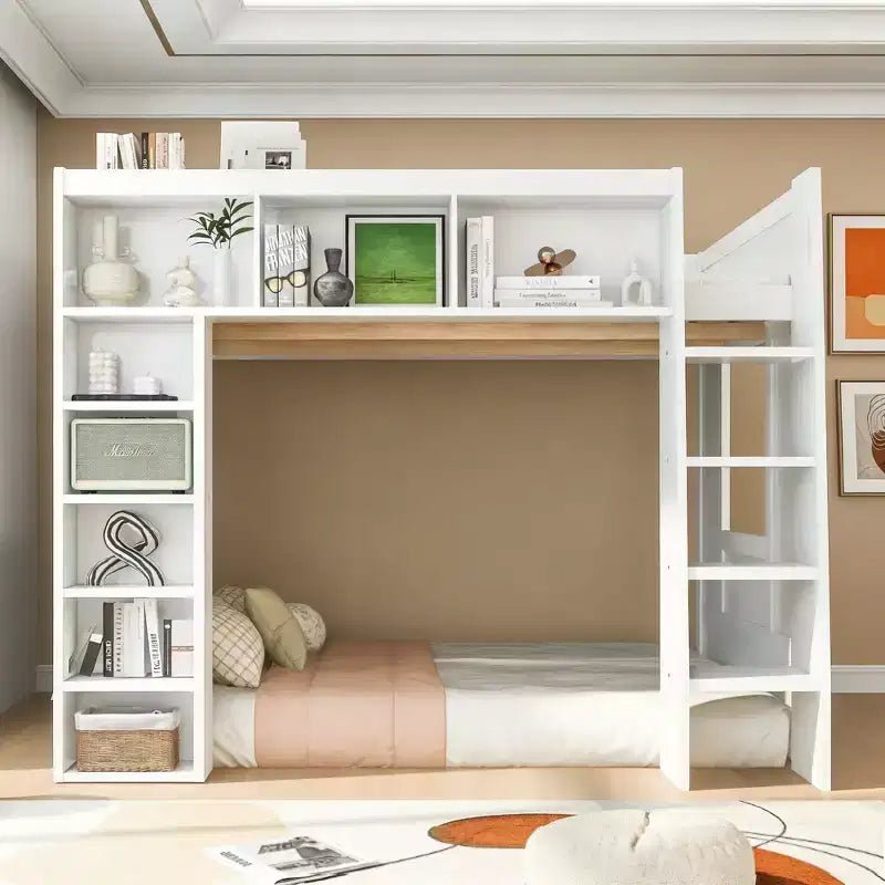 Lit mezzanine en bois queen size Luxystar avec 8 étagères de rangement pour appartement