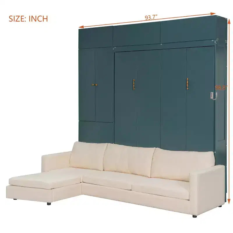 Whisen Queen Murphy Bed Wall Bed & Bed Frame with Beige Sofa and Shelves, Green Panel