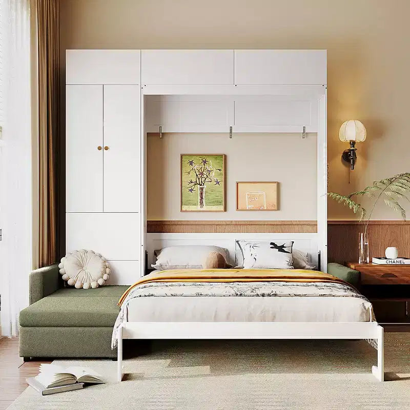 Whisen Queen Murphy Bed Wall Bed & Bed Frame with Beige Sofa and Shelves, Green Panel