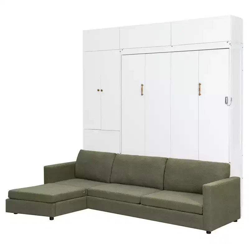 Whisen Queen Murphy Bed Wall Bed & Bed Frame with Beige Sofa and Shelves, Green Panel