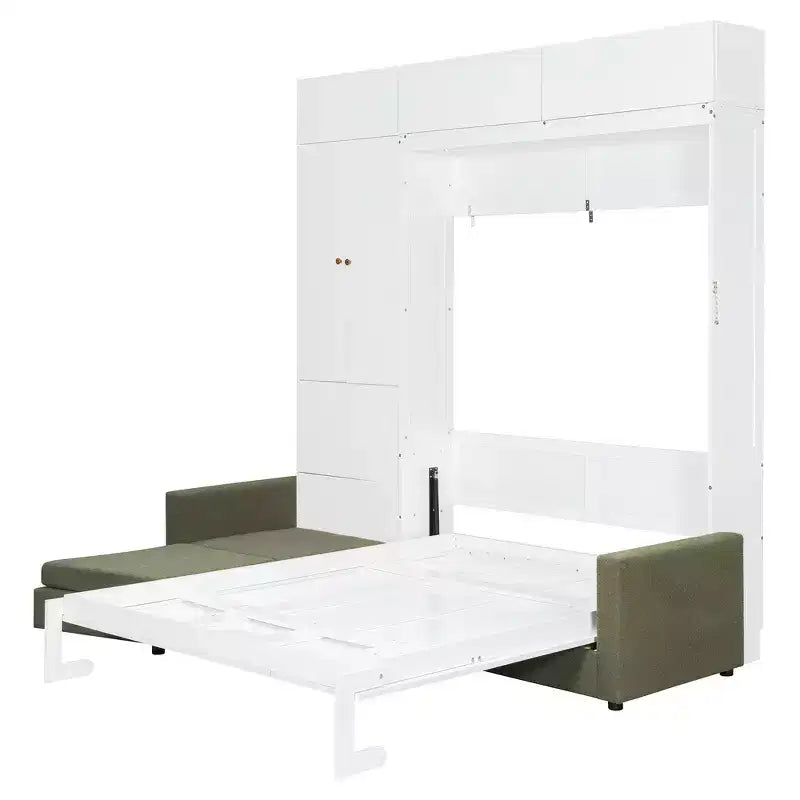 Whisen Queen Murphy Bed Wall Bed & Bed Frame with Beige Sofa and Shelves, Green Panel