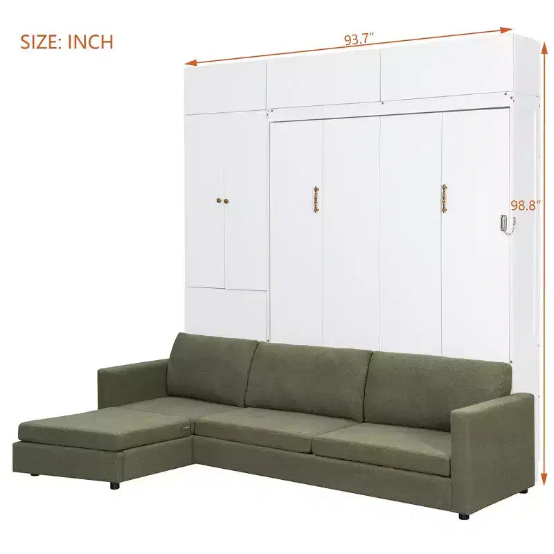 Whisen Queen Murphy Bed Wall Bed & Bed Frame with Beige Sofa and Shelves, Green Panel