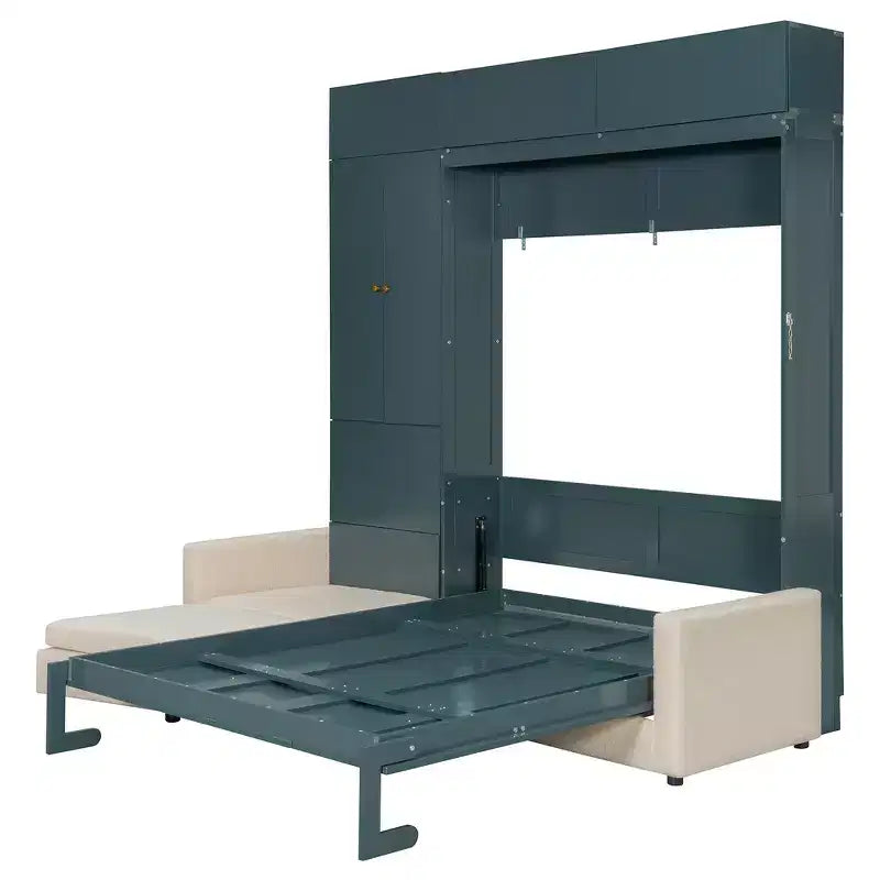 Whisen Queen Murphy Bed Wall Bed & Bed Frame with Beige Sofa and Shelves, Green Panel