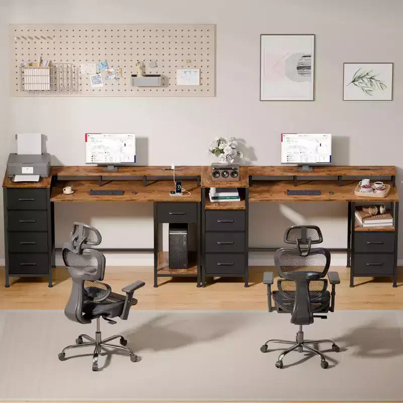 47 Inch Rustic Brown Computer Desk with Charging Station Reversible Gaming Desk LED Lights 5 Fabric Drawers Monitor Stand Home Office Writing Table