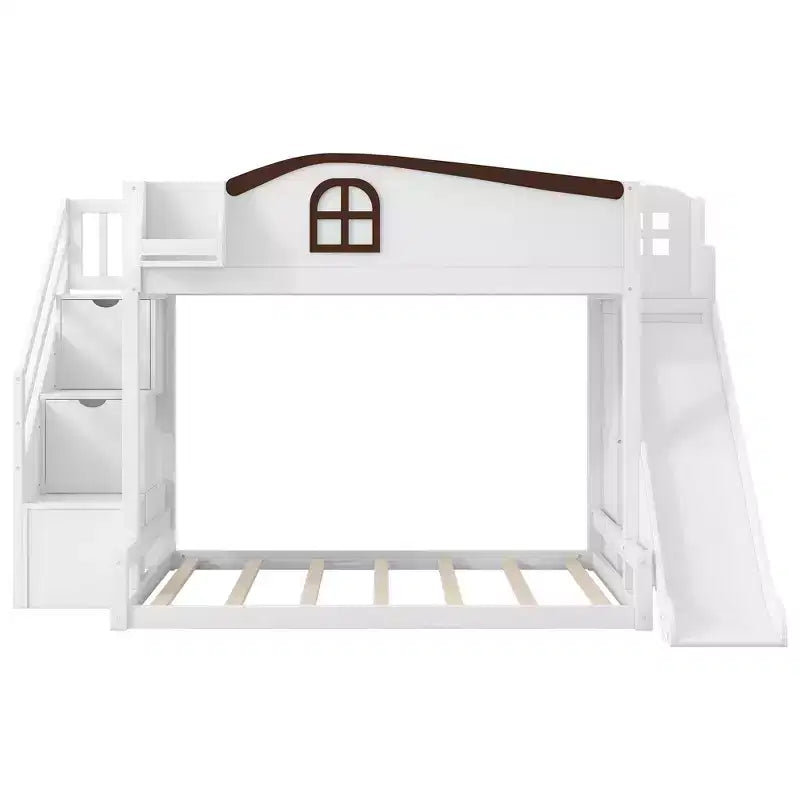 Luxystar Twin over Full Bunk Bed with Slide, Shelves, Storage Staircaseand Wardrobe for Kids' Room