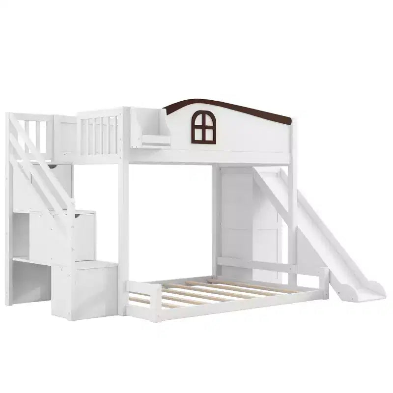 Luxystar Twin over Full Bunk Bed with Slide, Shelves, Storage Staircaseand Wardrobe for Kids' Room