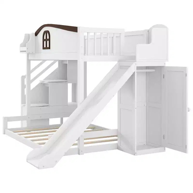 Luxystar Twin over Full Bunk Bed with Slide, Shelves, Storage Staircaseand Wardrobe for Kids' Room