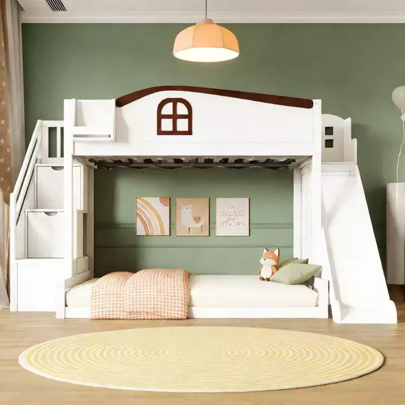 Lit superposé Luxystar jumeau sur grand avec toboggan, étagères, escalier de rangement et armoire pour chambre d'enfant