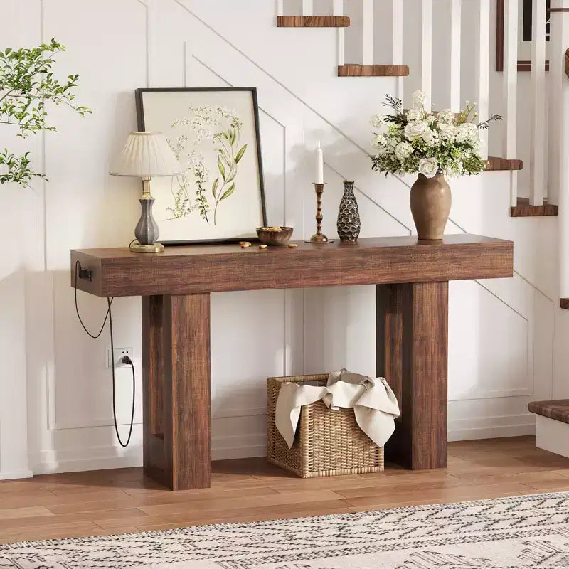 Sofa Console Table with Power Outlet, USB & Type-C Charging Ports, Extra Long Narrow Table for Entryway Hallway & Living Room