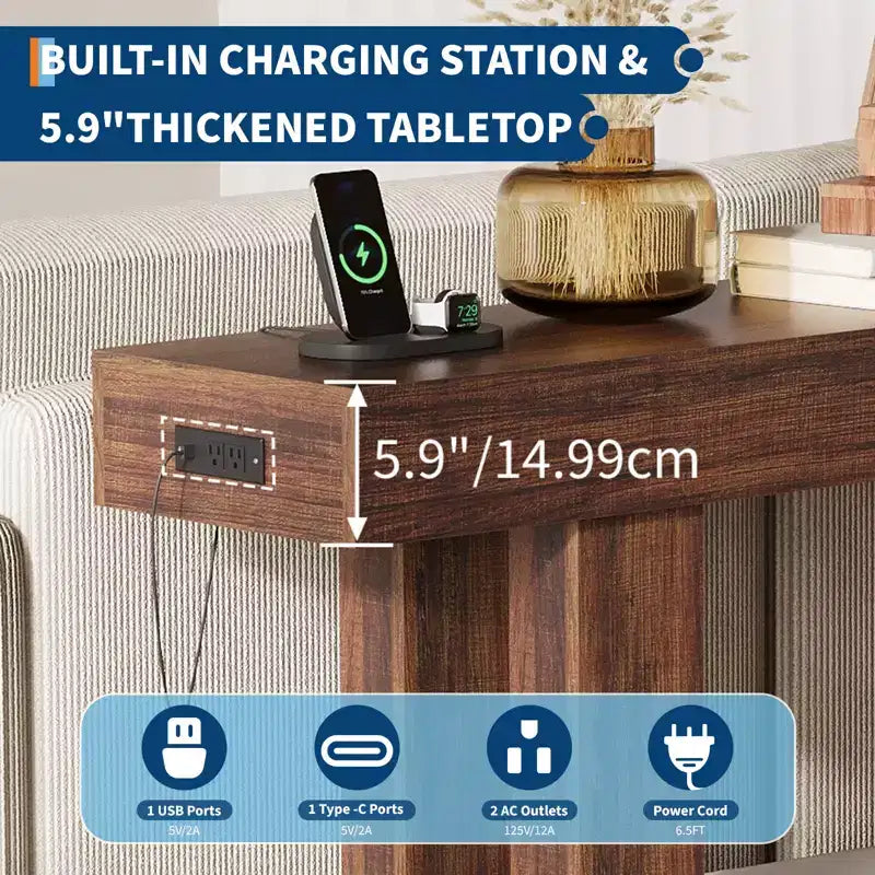 Sofa Console Table with Power Outlet, USB & Type-C Charging Ports, Extra Long Narrow Table for Entryway Hallway & Living Room