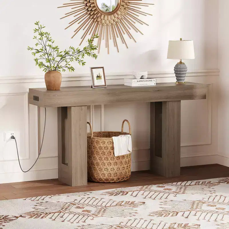 Sofa Console Table with Power Outlet, USB & Type-C Charging Ports, Extra Long Narrow Table for Entryway Hallway & Living Room