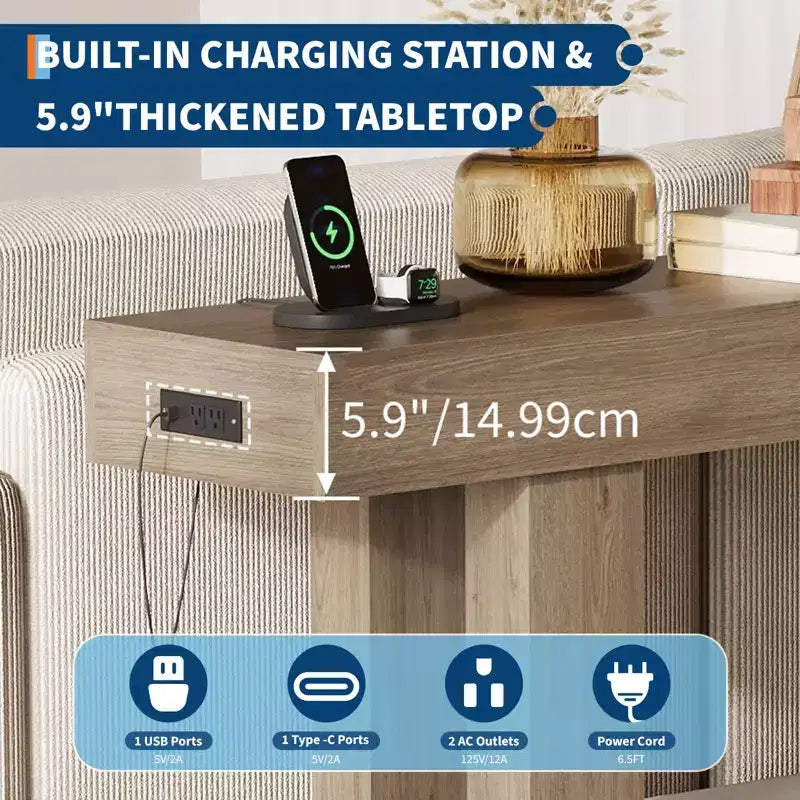 Sofa Console Table with Power Outlet, USB & Type-C Charging Ports, Extra Long Narrow Table for Entryway Hallway & Living Room
