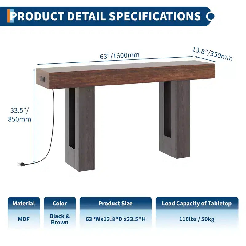 Sofa Console Table with Power Outlet, USB & Type-C Charging Ports, Extra Long Narrow Table for Entryway Hallway & Living Room