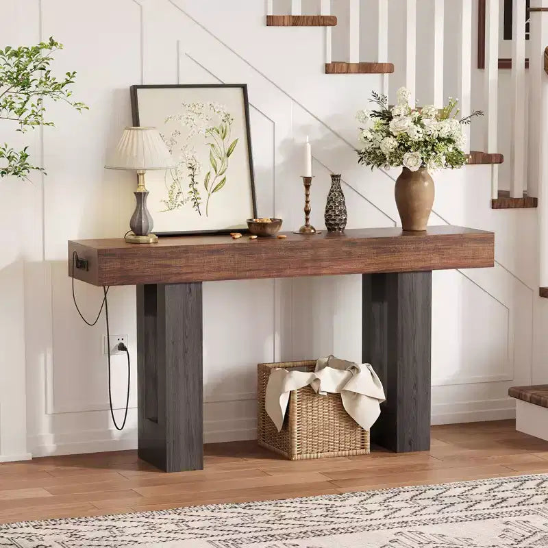 Sofa Console Table with Power Outlet, USB & Type-C Charging Ports, Extra Long Narrow Table for Entryway Hallway & Living Room