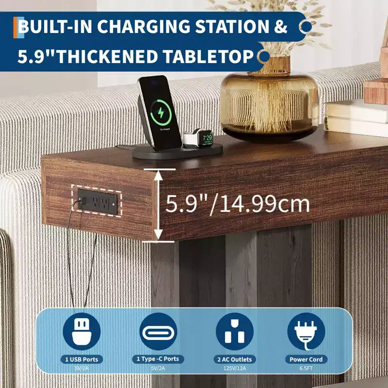 Sofa Console Table with Power Outlet, USB & Type-C Charging Ports, Extra Long Narrow Table for Entryway Hallway & Living Room