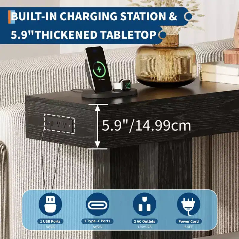 Sofa Console Table with Power Outlet, USB & Type-C Charging Ports, Extra Long Narrow Table for Entryway Hallway & Living Room