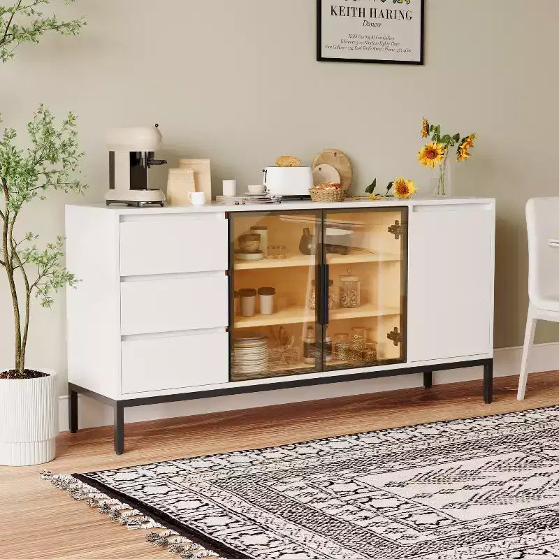 GDFStudio Romeo Modern Wooden 63 Buffet Cabinet with 3 Drawers and Glass Doors