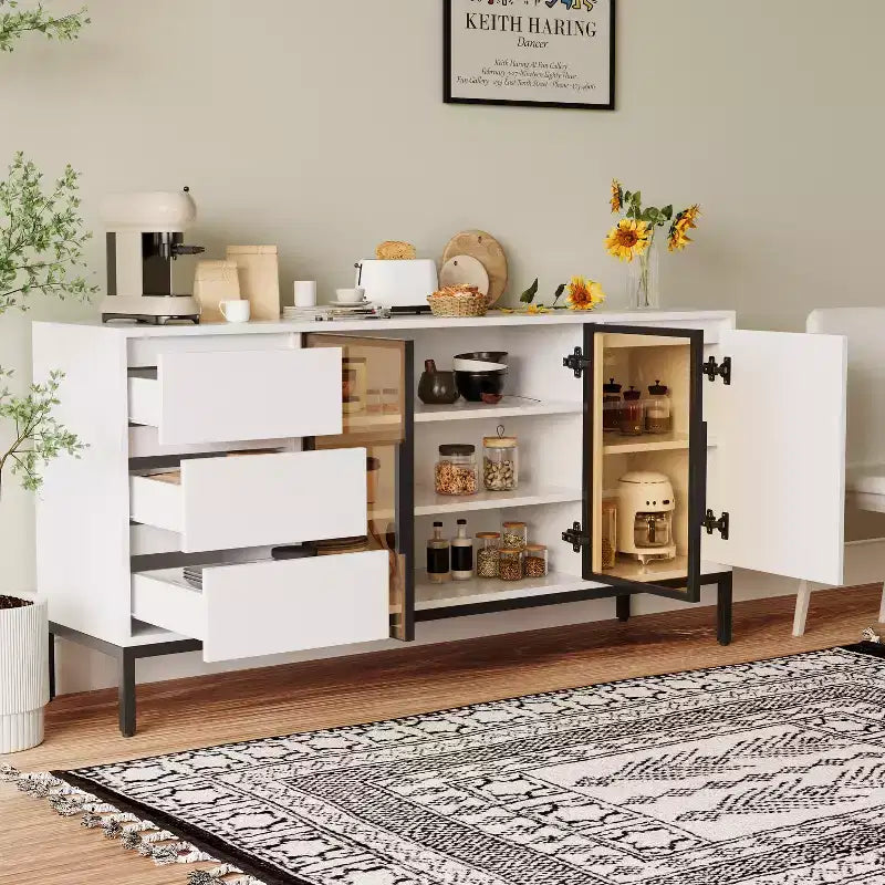 GDFStudio Romeo Modern Wooden 63 Buffet Cabinet with 3 Drawers and Glass Doors