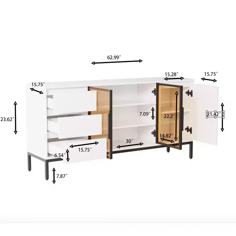 GDFStudio Romeo Modern Wooden 63 Buffet Cabinet with 3 Drawers and Glass Doors