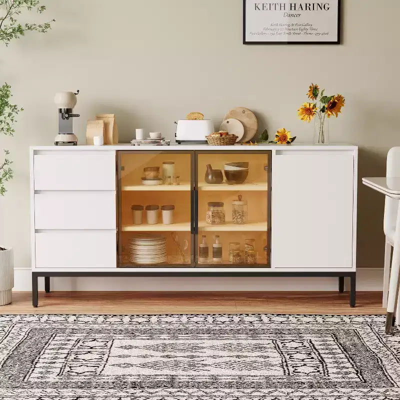 GDFStudio Romeo Modern Wooden 63 Buffet Cabinet with 3 Drawers and Glass Doors