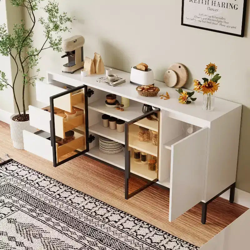GDFStudio Romeo Modern Wooden 63 Buffet Cabinet with 3 Drawers and Glass Doors