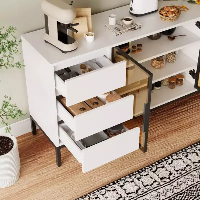 GDFStudio Romeo Modern Wooden 63 Buffet Cabinet with 3 Drawers and Glass Doors