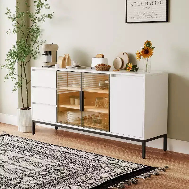 GDFStudio Romeo Modern Wooden 63 Buffet Cabinet with 3 Drawers and Glass Doors